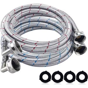 6FT Premium Stainless Steel Washer Hoses with 90 Degree Elbow No-lead Burst-Proof 3/4" NPT Connection Hot & Cold Water Inlet Supply Lines for Washer - 2 Pack by Fetechmate