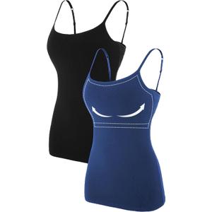 ATTRACO Women's Cotton Camisole Shelf Bra Spaghetti Straps Tank Top (Black/Blue, XL)