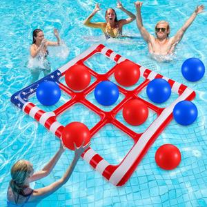 Hollowfly 4th of July Pool Toy Set Tic-tac-Toe Inflatable Pool Floats, 250th Anniversary Flag Swimming Float Toy with 10 Balls for Adults Independence Day Summer Beach Memorial Veterans Party, Patriotic