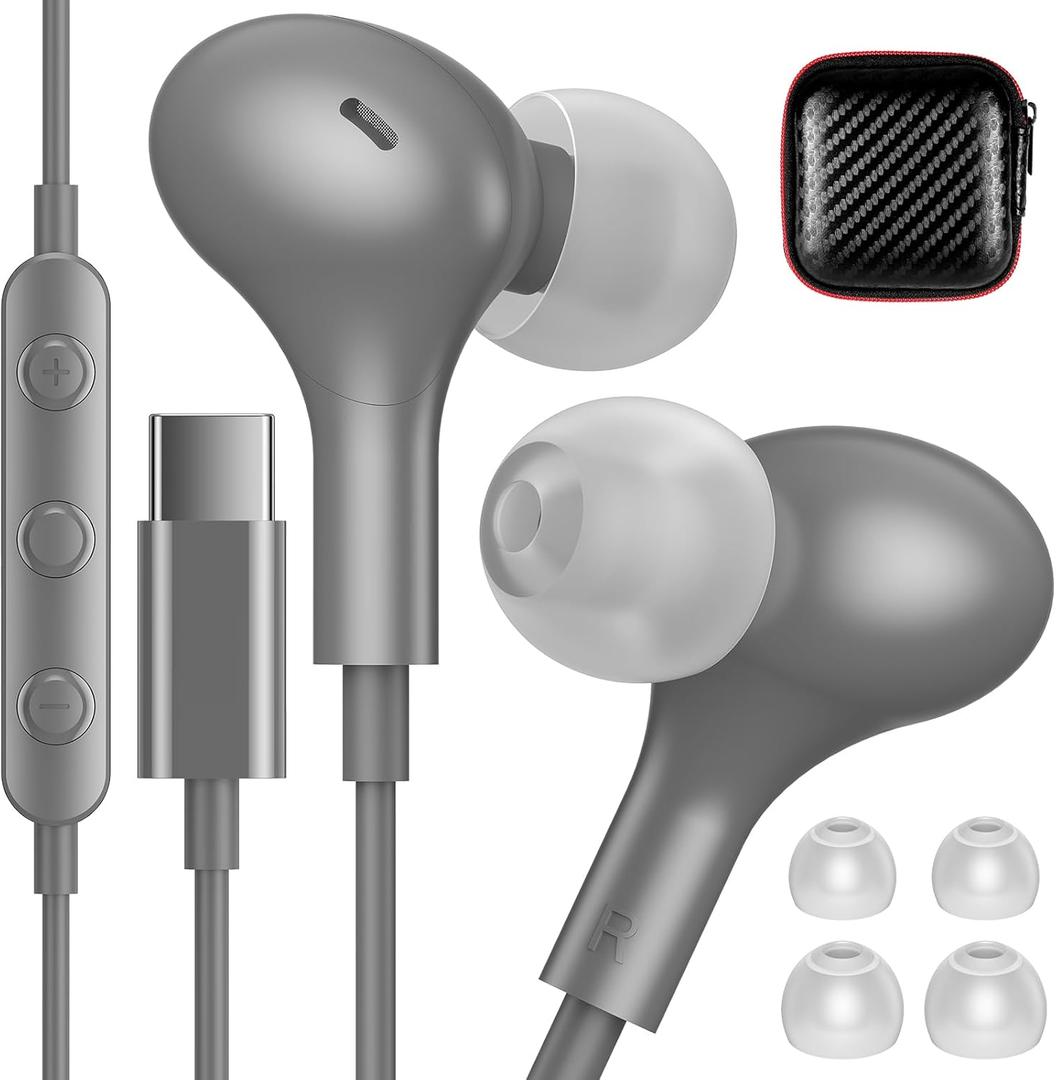 iMangoo for Apple USB C Wired Headphones, Hi-Fi Sound Corded Earbuds, Ergonomic Small in Ear Buds for iPhone 17 Pro Max/17e/16 Plus/16e/15, for Samsung S26/S25 Ultra/for Pixel Type C Earphones Grey