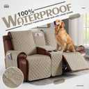 KinCam 100% Waterproof Recliner Loveseat Cover with Console, Non-Slip Reclining Couch Covers for 2 Seat, Recliner Sofa Cover Furniture Protector with Elastic Straps for Kids, Pets, Khaki