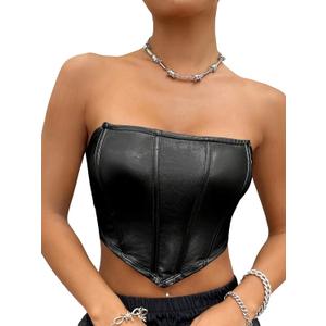 WDIRARA Women's PU Leather Strapless Party Club Tube Tops Sleeveless Bandeau Crop Top (Medium, Black)