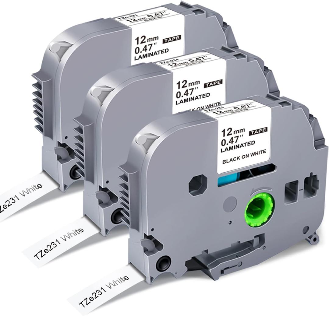 3-Pack Compatible with Brother TZe Tz 12mm 0.47 Laminated White Tape Replace for Brother P Touch TZe-231 TZe231 TZc-231 Compatible with Ptouch PT- D220 D210 H110 D200 D400 1280 D610BT, 8m (26.2ft)