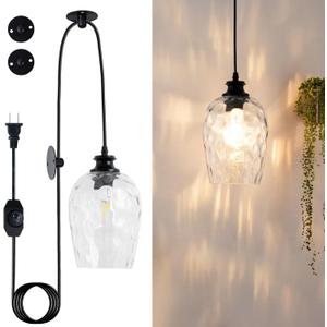 Modern Plug in Pendant Light with Dimmable Switch E26 Clear Rippled Glass Shade Hanging Lights with 16.4 Ft CordPlug in Hanging Lamp for Kitchen Island Bedroom Living Room Bulb not Included (Transparent)
