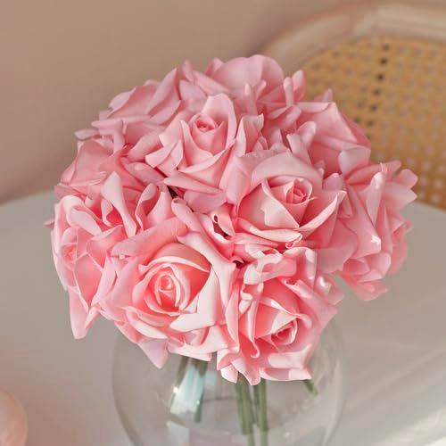 DUYONE Artificial Roses Single Stem 10pcs Fake Silk Flower Arrangement Bouquet for Home Party Wedding Decoration(Deep Pink)