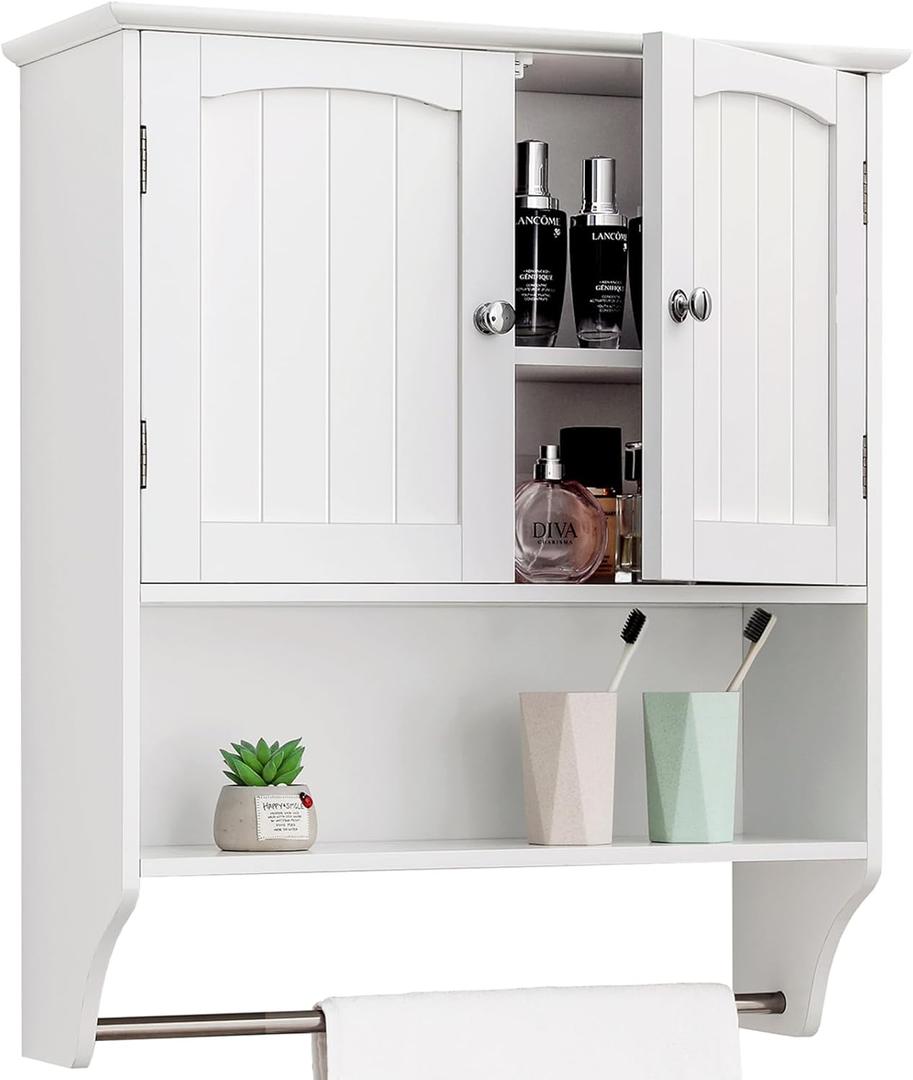 Iwell Bathroom Cabinet Wall Mounted with Towel Rack & Adjustable Shelf, Over The Toilet Storage Cabinet, Medicine Cabinet for Bathroom, White