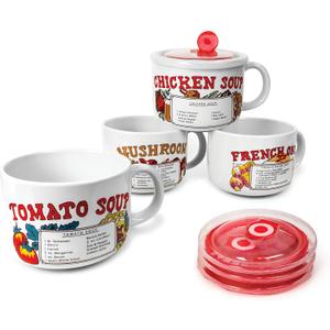 Old & Bold - 4 27 Oz Soup Bowls With Lids - Retro Soup Recipe Ceramic Mugs With Vented Lids and Handles - Version 2 - Pack of 2 - Microwave and Dishwasher Safe - For Soup, Instant Noodles, Cereal (V1)