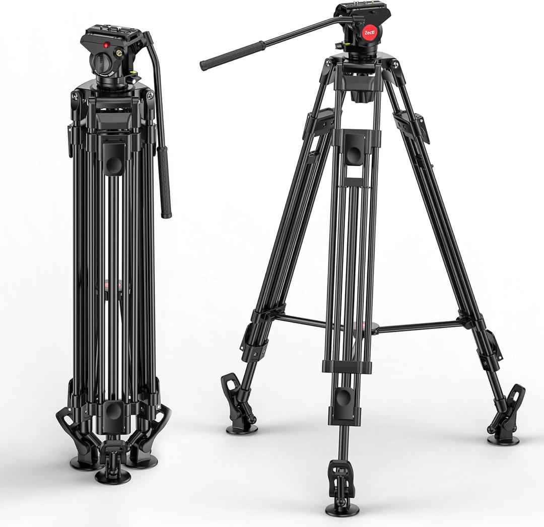 Video Tripod with Fluid Head, Heavy Duty Aluminum Alloy, Max Height 74 in, Max Load 220 lb, Compatible with Manfrotto, Canon, Nikon, Sony DSLR Camera Camcorder