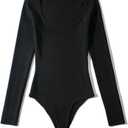 Women Solid Square Collar Bodysuits Long Sleeve Knits Jumpsuits Top Slim Business Bodysuits (One Size, Black)