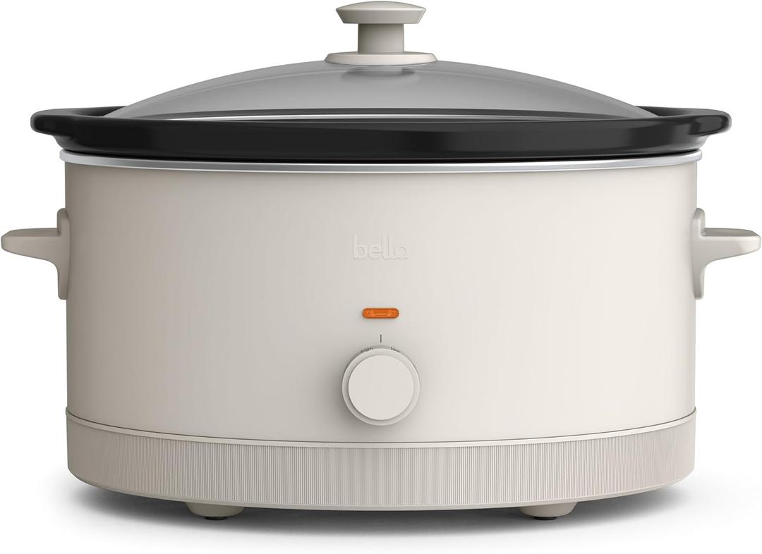 bella 6.0 Qt Manual Slow Cooker, Ceramic Nonstick Coating, 3 Temperature Settings, Dishwasher Safe Stoneware Pot and Tempered Glass Lid, Cool Touch Handles & Tangle Free Cord Wrap, Oatmilk, 6 Quarts