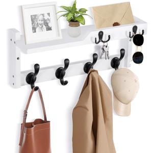 Coat Rack Wall Mount with Shelf, Coat Hanger Wall Mount with Key Hooks and Mail Holder, Wood Entryway Floating Shelf with Hooks and Storage, Hat Rack for Wall Key Holder Mail Organizer (16.6 Inch Long, White)