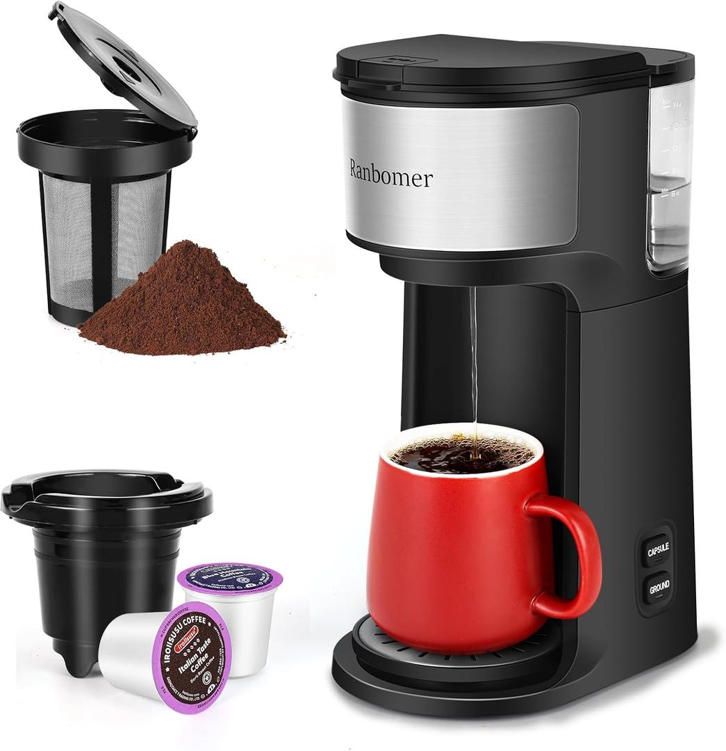 K Cup Coffee Maker, Single Serve coffee machine or Ground Coffee Machine 2 in 1, 6 to 14 Oz Brew Sizes, Mini One Cup Coffee Maker with Self cleaning Function, Fits Travel Mug, Black (Black)