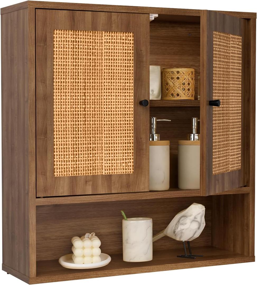 Wall Mounted Cabinet with Rattan Double Doors, 3-Tier Storage for Bathroom Over Toilet, Floating Shelf for Towels & Decor, Boho Medicine Cabinet for Kitchen, Dining Room, 23.23 x 7.68 x 24 in, 23.2x 7.68x24 in