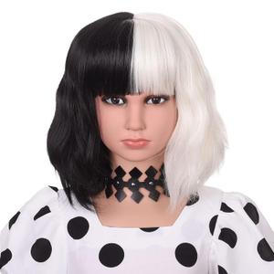 3+ Years Kids Black and White Wig with Necklace for Cosplay Costume Short Wavy Bob Synthetic Wigs with Bangs for Girls Children Halloween Party