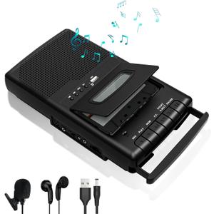Retro Cassette Player & Tape Recorder with Standalone Microphone, Portable Tape to USB Digital Converter, Carrying Handle, 3.5MM Headphone Jack, Play & Digitize Old Cassettes (Black)