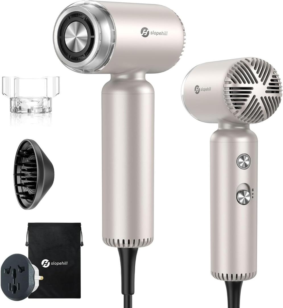 slopehill Dual Voltage Travel Mini Hair Dryer, Lightweight Ionic Blow Dryer, Professional Fast Drying, Compact Portabe Quiet Hairdryer with Magnetic Diffuser for Women, International European 100-240V (Stone)