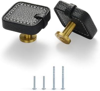 Satanga Kitchen Leather Cabinet Drawer Dresser Knobs Pack of 4 Black Brass Square Cupboard Door Bathroom Handles Furniture Wardrobe Hardware One Single Hole Diameter 1 2/5 Inch with Screws Modern