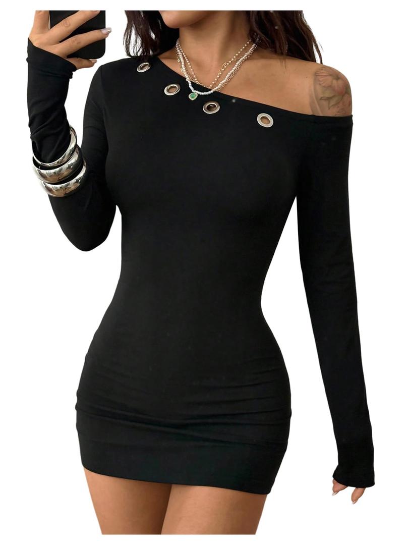Verdusa Women's Punk Grommet Eyelet Off Shoulder Dress Y2K Bodycon Long Sleeve Dress Black X-Small