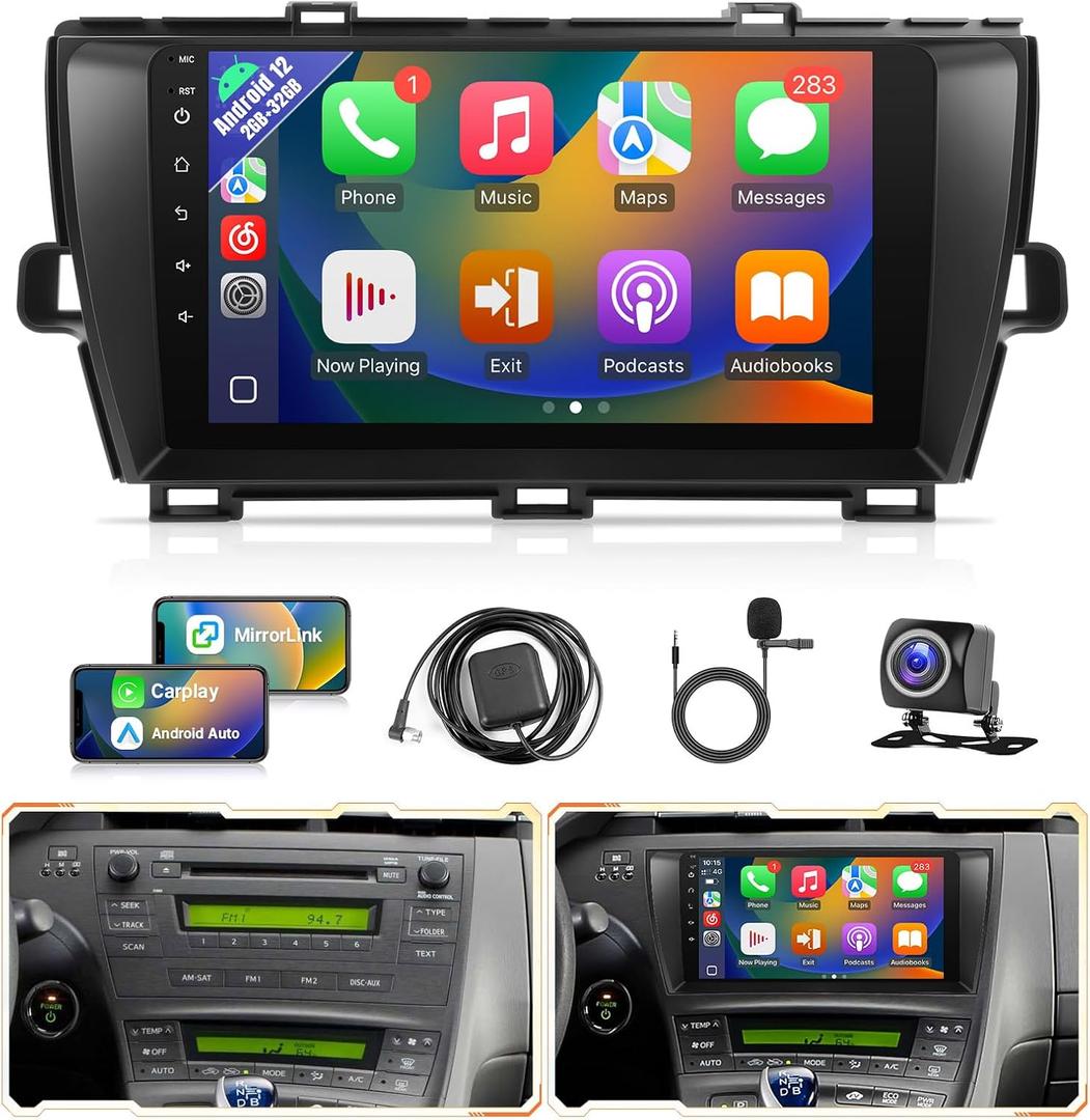 Upgrade Android 12 Car Radio for Toyota Prius 2010-2015(Non J.B.L Version) 9Inch IPS Touch Screen for Prius Stereo with Carplay, Android Auto, Mirrorlink, In-dash WIFI, Bluetooth, GPS +Camera