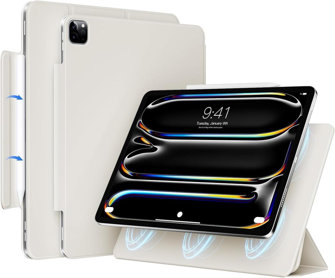 Magnetic Case for iPad Pro 13 Inch (M5/M4) 2025/2024- PU Leather Cover Compatible with Pencil Pro & USB-C | Auto Wake/Sleep, Non-Slip & Scratch-Resistant Protective Case (White Cream)