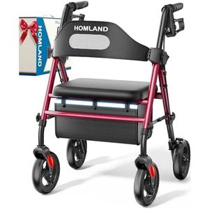 HOMLAND Foldable Rollator Walkers with Seat for Seniors, 8'' Big Wheels, 350 lb. Weight Capacity, Adjustable Handles and Seat Height, Lightweight Rolling Walker, Red