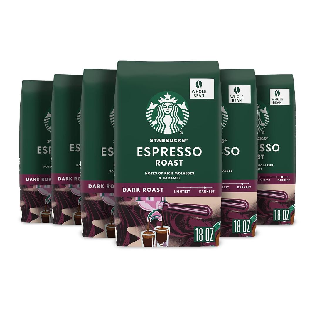 Starbucks Whole Coffee Beans, Dark Roast Hot or Iced Coffee, Espresso Roast, Six 18 oz Bags (18 Ounce (Pack of 6))