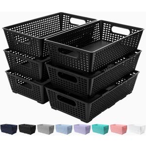 Tiawudi Stackable Woven Plastic Basket, Storage Bins for Cabinet, Closet, Shelf, Under Sink and Countertop, Pantry Organizer Bins, 6 Pack