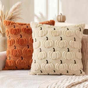 AVOIN colorlife Caramel Beige Fall Pumpkin Throw Pillow Covers 18x18 Inch | Autumn Harvest Thanksgiving Soft Plush Faux Fur Jacquard Embroidered Cushion Case Decoration for Sofa Couch Set of 2, Caramel/Beige