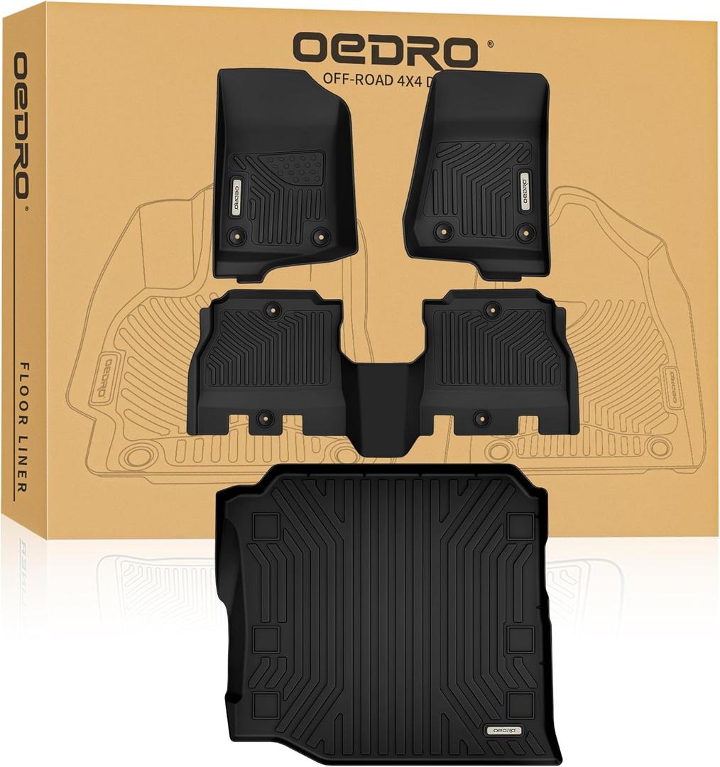 OEDRO Floor Mats Set Fit for 2018-2026 Jeep Wrangler JL Unlimited 4-Door W/O Subwoofer(Not Fit for JK & 4XE), Includes 1st, 2nd Row & Cargo Liners, Custom Fit TPE All Weather Car Full Mats Set, Black