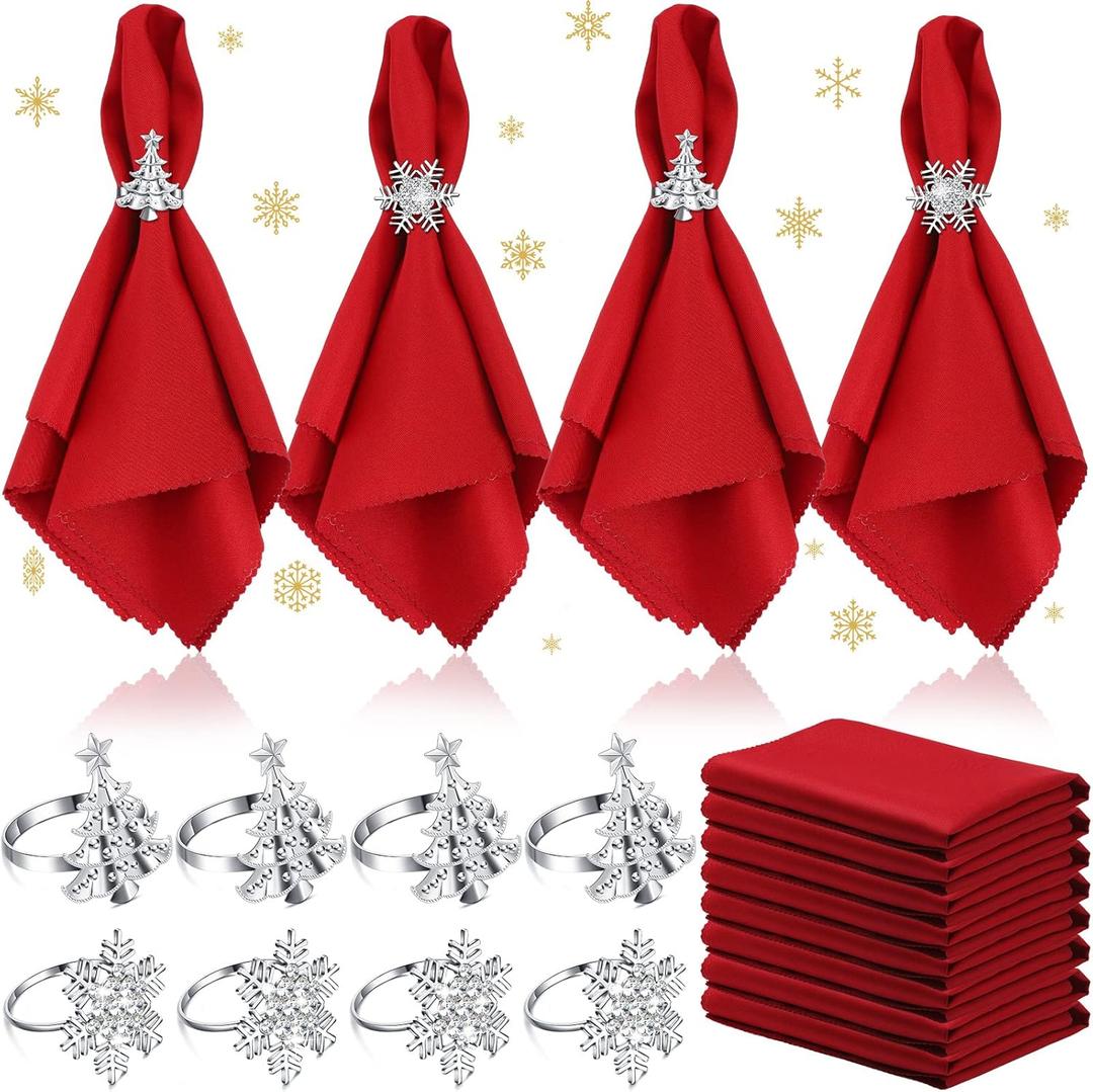 EBOOT 16 PCS Christmas Napkins and Ring Set 8 PCS Red Washable Napkins Cloth Fabric and 8 Christmas Rings Holder for Xmas Holiday Dinner Party Table Decoration(Snowflake, Tree)