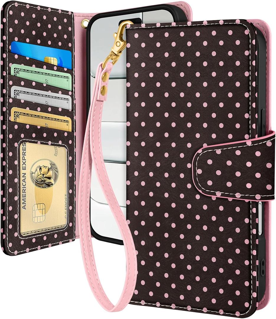 Toycamp for iPhone 17 Air Wallet Case with Wrist Strap - Leather Flip Folio Phone Case with RFID Blocking 4 Card Holder for Apple for iPhone 17 Air Funda Cute Aesthetic for Women Ladies, Brown Polka
