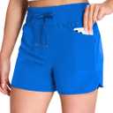 MIER Women's Running Shorts Quick Dry Athletic Workout High Waisted Active Shorts with Liner Zipper Pocket 4 Inch (Blue, L)