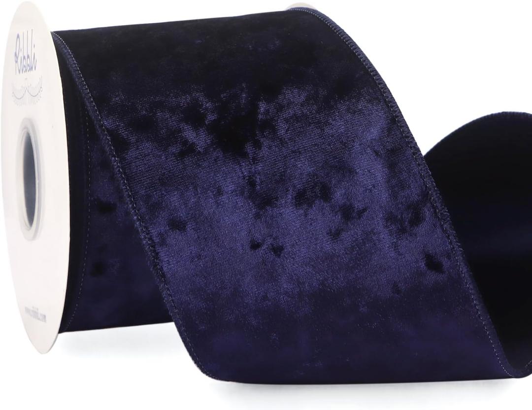 Ribbli Navy Blue Velvet Wired Ribbon 4 Inch Crushed Velvet Christmas Ribbon for Gift Wrapping Christmas Tree Decoration Crafts Wreaths Supplies-Continuous 10 Yards