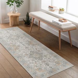 Bavni 2x5 Washable Runner Rug for Hallway, Vintage Grey Rug with Non-Slip Backing, Oriental Distressed Print Indoor Kitchen Runner, Low Pile Thin Soft Small Rugs for Entryway, Bedroom, Laundry Room