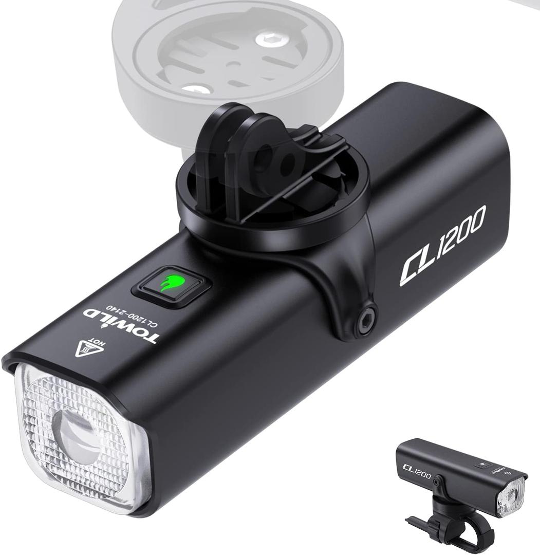 TOWILD CL1200 Bike Lights for Night Riding,Compatible with Garmin/GoPro Mount,1200 Lumen Bright Bike Headlight,Rechargeable Battery,Waterproof Bike Front Light for Commuter Cyclists