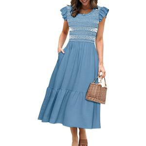 Simplee Womens Summer Midi Dress Casual Boho Smocked Waist Flutter Sleeve A Line Flowy Tiered Dress with Pockets, M