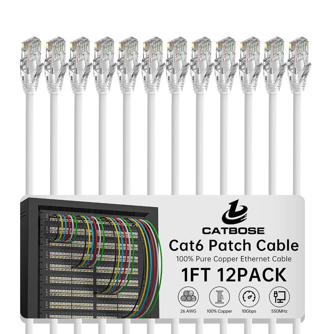 1 Foot Cat6 Patch Cables(12 Pack), Solid Pure Copper Patch Cord, Cat 6 Ethernet Cable, UTP Network, High Speed RJ45 Internet Cables, Compatible for Router, Switche, PC, Server, PS4/5, Xbox - White