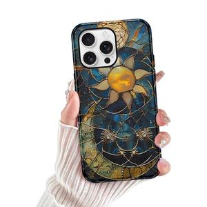 lioscre for iPhone 16 Pro Stained Glass Phone Case 6.3", Aesthetic Sun Moon Stars Case Cute Pattern Print Design Cover Anti-Scratch Glossy Hybrid 2-Layer Hard Prevention Funda for Woman Girls Men