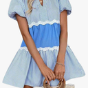 chouyatou Women's Summer V-Neck Striped Tunic Dress Tiered Lace Patchwork Beach Mini Cute Babydoll Dress S