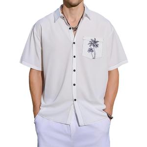 Men's Bowling Shirt Short Sleeve Hawaiian Shirt Button Down Coconut Printed Summer Beach Casual Shirts (White, L)
