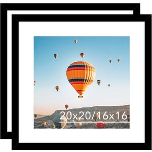 JCJMY 20x20 Picture Frame Set of 2 Black with 16x16 Mat, Display Photo 16x16 with Mat or 20 x 20 Without Mat, Wall Hanging Large 20x20 Poster Frame with Shatter Resistant Plexiglass, 2 Pack, Black