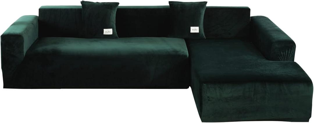 MIFXIN Sectional Sofa Covers 2 Piece Stretch Velvet L Shape Couch Slipcovers Elastic Sectional L-Shaped Sofa Furniture Protector with 4pcs Pillow Covers (Velvet Dark Green)