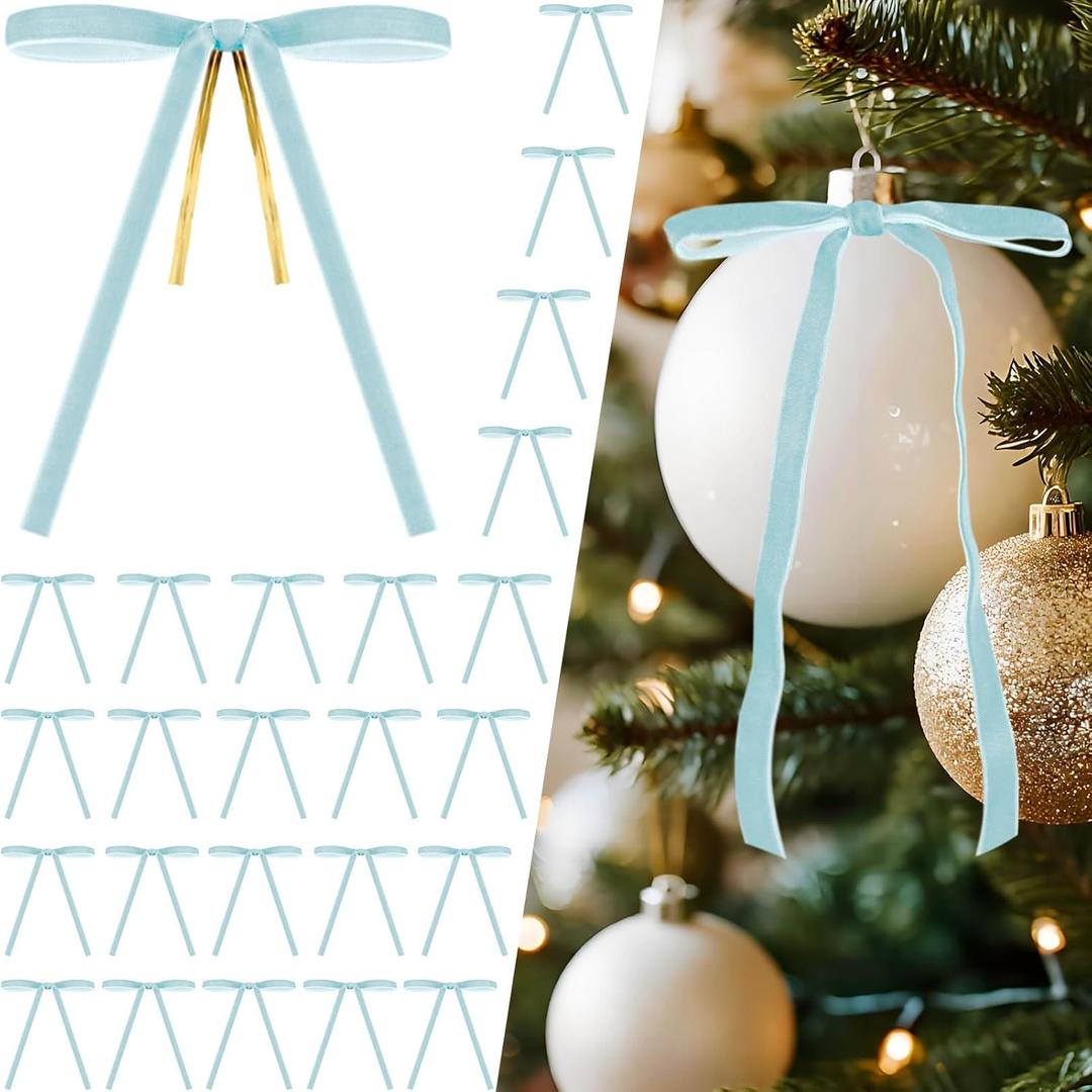 2 x 24 Pcs Light Blue Velvet Bows for Christmas Tree Decor, Elegant Velvet Pre-Tied Ribbon Bows Door Garland Vintage Ornaments for Christmas, Wreaths, Gifts and Home Decoration (5x7 Inch, 3/8'' Wide)