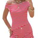EXLURA Women 2 Piece Summer Outfits Casual Striped Lounge Set Ribbed Knit Off Shoulder Short Sleeve Top and Drawstring Shorts (Red, S)