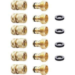 HQMPC Garden Hose Quick Connect Solid Brass Quick Connector Garden Hose Fitting Water Hose Connectors 3/4 inch GHT (6 Sets)