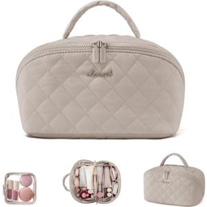 LOVEVOOK Travel Makeup Bag for Women, 2Pcs Puffer Waterproof Cosmetic Organizer, Large Capacity Pouch Open Flat Small Toiletry Bag with Brush Compartment & Handle (Light khaki, Medium)