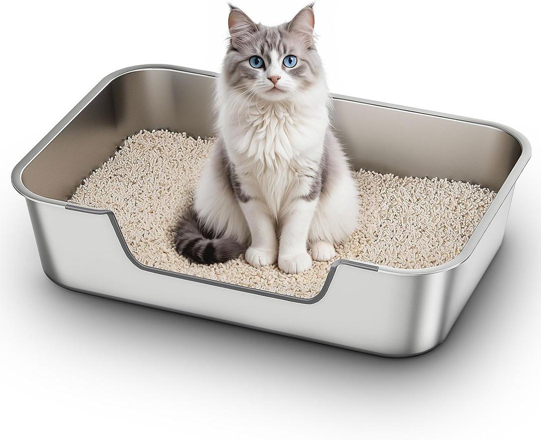Stainless Steel Cat Litter Box with Low Entry, Large Metal Kitty Litter Box for Senior or Injured Cats, Odor-Free, Non-Stick, Easy to Clean, 23.4"x15.6"x5.9", for Multiple Cats (Silver)