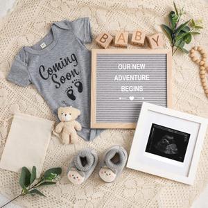 Canlierr 9 Pcs Pregnancy Announcement Set Pregnancy Reveal Ideas Felt Letter Board Baby Bodysuit Booties Photo Frame Bear Plush Wood Blocks for Coming Soon Baby Announcement(Gray) (Gray, XS)