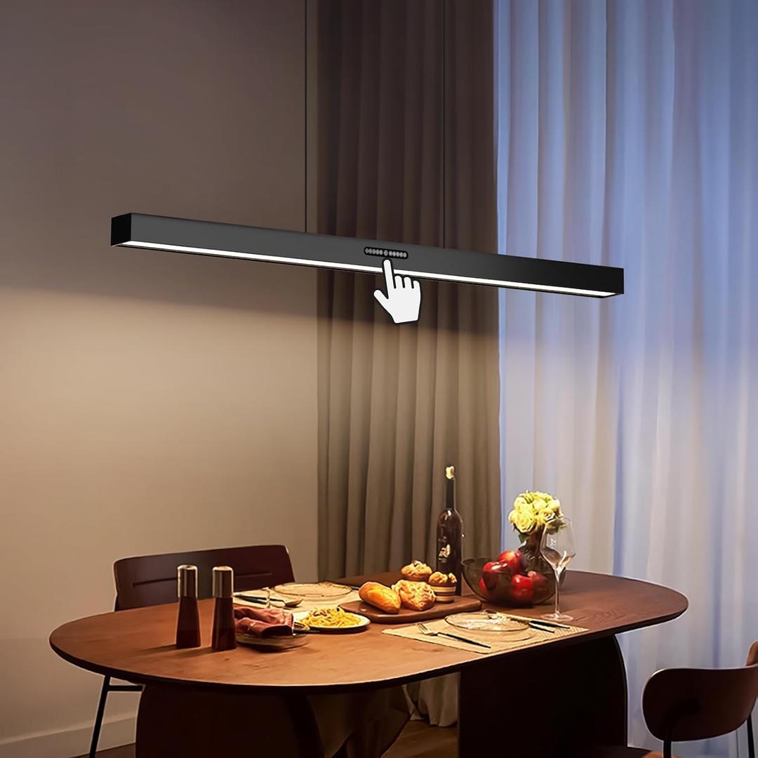 44.5" Dimmable LED Linear Kitchen Island Pendant Light Fixtures with Memory Function, 30W Modern Touch Control Chandelier, Adjustable Color Temperature, Dining Room Light Fixture for Office Bar, Black