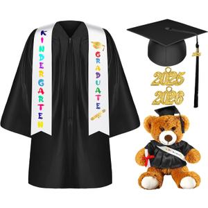 Sintuff 7 Pcs Kindergarten Graduation Gown Cap 2025 Preschool Graduation Accessories Stole Tassel Sash Charm Bear Gifts (30, Black)